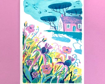 Scottish Bothy and Meadow Screetprint - Scottish Landscape A5