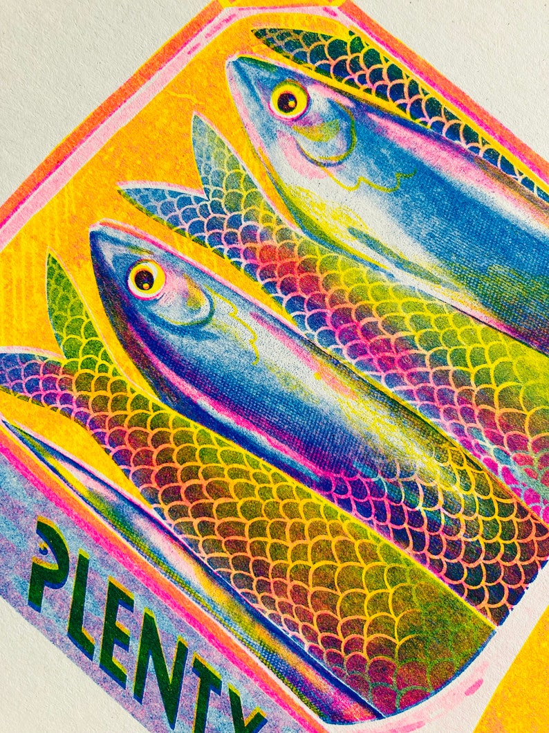 Plenty of Fish Risograph Print. Sardine Tin Artwork. image 2
