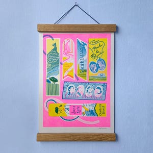May include: A pink and white print featuring illustrations of book covers and titles. The titles include "Pride & Prejudice", "Little Women", "Jane Eyre", "Rebecca", "South and North", and "Emily Brontë's Wuthering Heights".