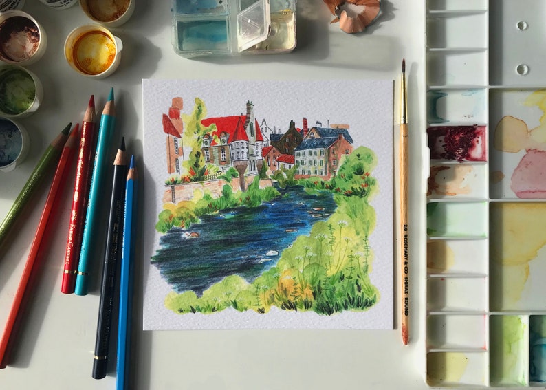 Dean Village Watercolour Print. Edinburgh Landscape Artwork. image 2