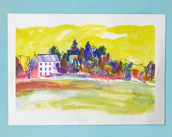 Summer Farm - Risograph Print. A5 - Landscape Artwork.