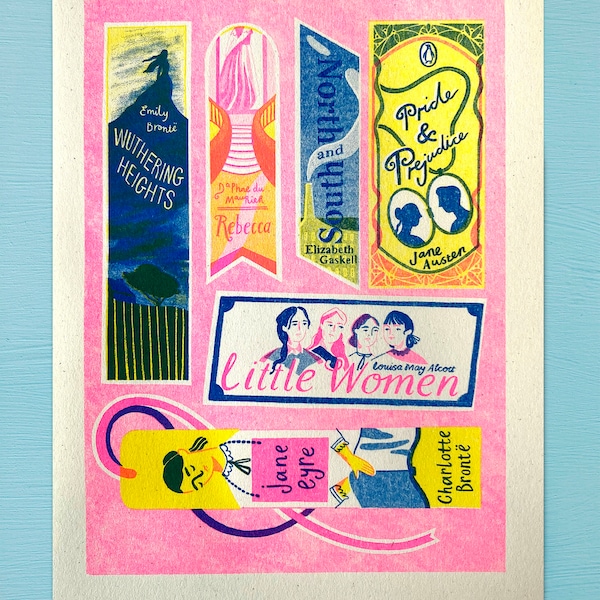 Classic Bookmarks - Risograph Print. A5 - Female Authors Artwork.