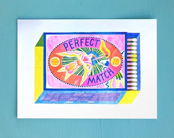 Perfecte match - Risograph-print. - Matchbox-kunstwerk.