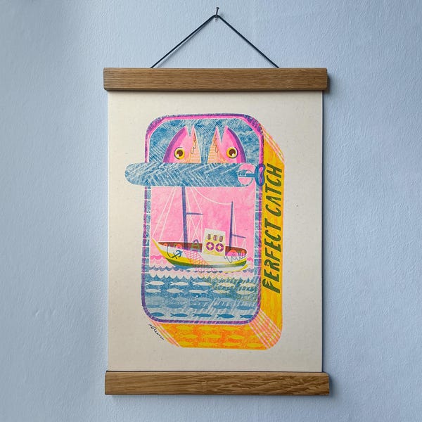 Perfect Catch - Risograph Print. - Sardine Tin Artwork.