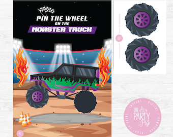 Może przedstawiać: Gra imprezowa z motywem monster trucka. Projekt zawiera czarnego monster trucka z zielonymi i fioletowymi płomieniami, tor wyścigowy i tekst "Pin the Wheel on the Monster Truck".