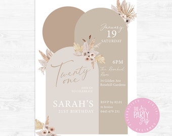 Boho Birthday Dried Floral Party Invitation Neutral Colours Digital Download Custom