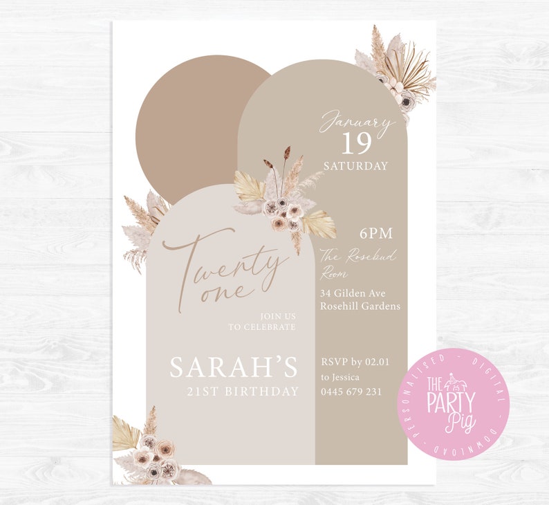Boho Birthday Dried Floral Party Invitation Neutral Colours Digital Download Custom