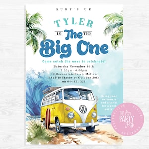 The Big One Surfing 1st Birthday Party Invitation Retro Boy Surf Van Surfboard Beach Party Invite Kombi Beach birthday surfing invitation