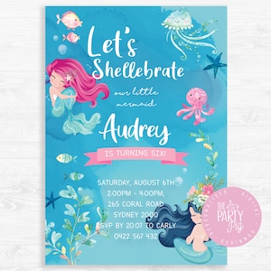 Invitación a la fiesta de cumpleaños de Mermaid, bajo el mar Let&#39;s Shellebrate Digital Download Custom Invite
