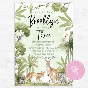 Australian Animal Birthday Invitation Digital Download Australia Party Invite Native Aussie Animals Hop on Over Native Koala Kangaroo
