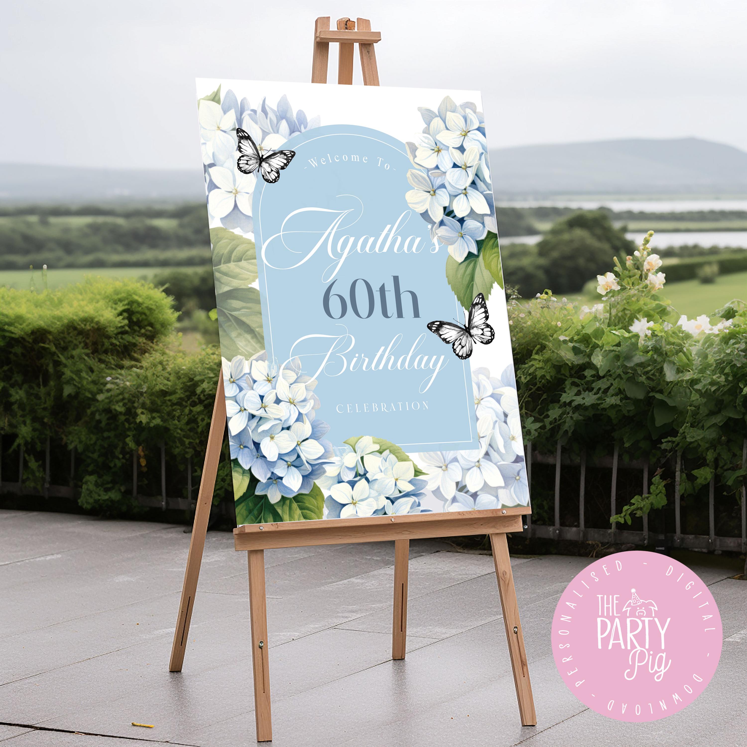 Hydrangea Birthday Welcome Sign, Blue Hydrangea Birthday Welcome Poster ...