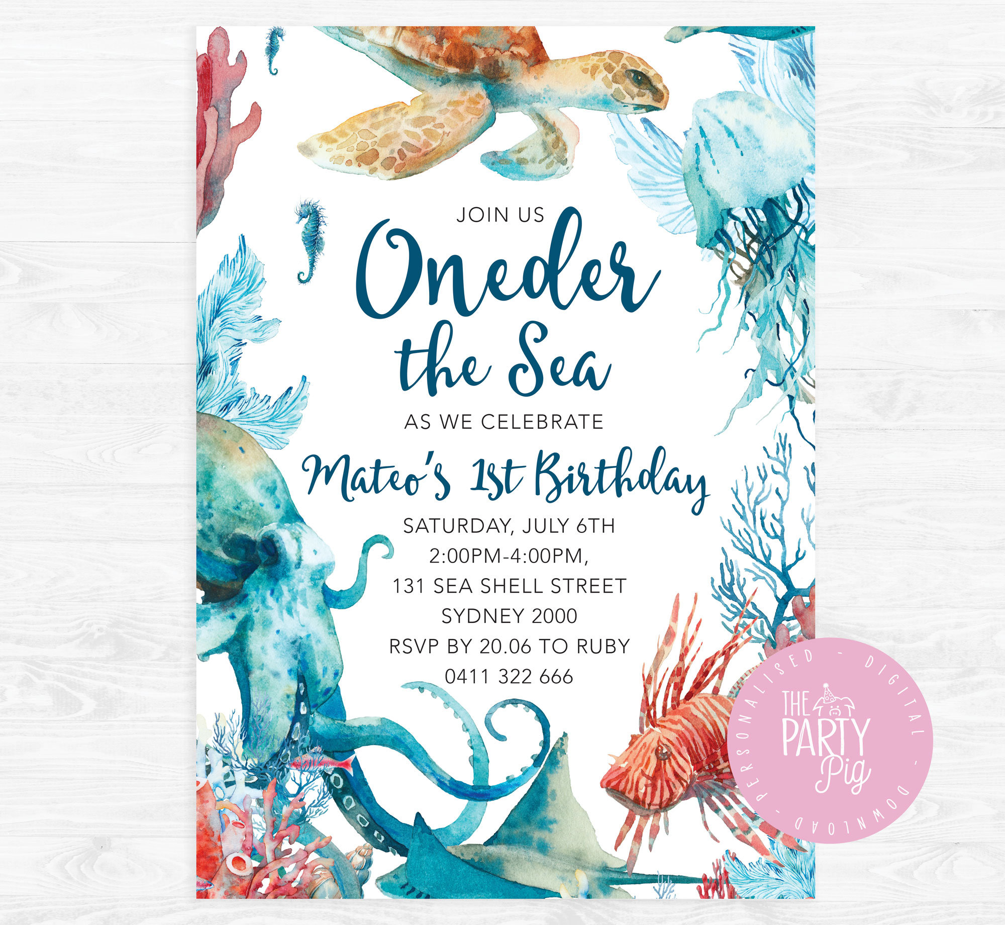 Oneder the Sea First Birthday Invitation Under the Sea Theme Custom Invite  Digital Download Unisex Ocean Party 