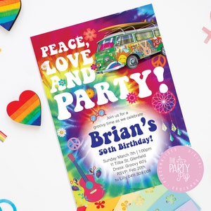 Groovy Hippie Peace & Love 60s Theme Birthday Invitation 50th Birthday Party Unisex Custom Digital Download image 2