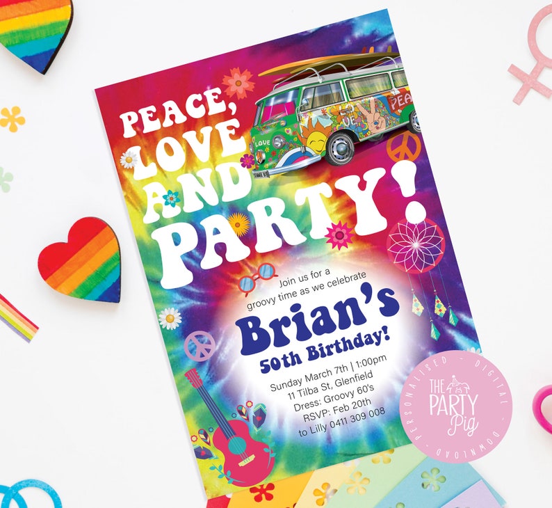 Groovy Hippie Peace & Love 60s Theme Birthday Invitation 50th Birthday Party Unisex Custom Digital Download image 2