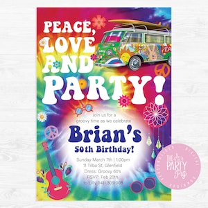 Invitation d'anniversaire thème Peace & Love hippie groovy des années 60, fête d'anniversaire des 50 ans unisexe personnalisé en téléchargement numérique, invitation à une fête d'anniversaire groovy