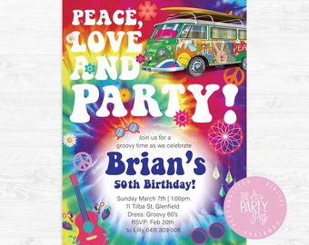 Groovy Hippie Peace & Love 60s Theme Birthday Invitation 50th Birthday Party Unisex Custom Digital Download Groovy Birthday Party Invite