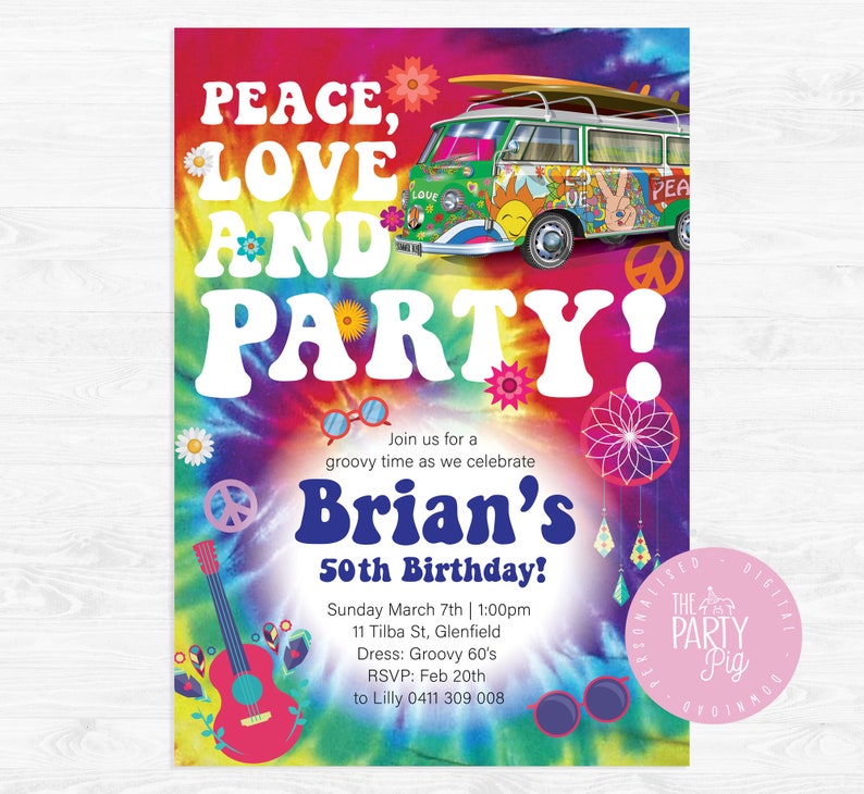 Groovy Hippie Peace & Love 60s Theme Birthday Invitation 50th Birthday Party Unisex Custom Digital Download image 1