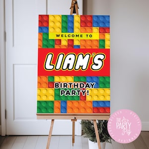 Può includere: Un cartello di benvenuto per una festa di compleanno a tema Lego. Il cartello è rosso, giallo, blu e verde e presenta il testo "Benvenuti alla festa di compleanno di Liam!"