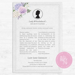 Puede incluir: Una invitaci&oacute;n de estilo vintage con el texto "Lady Whistledown's Society Papers." La invitaci&oacute;n incluye detalles florales, una silueta y detalles de un baile de cumplea&ntilde;os, incluyendo la fecha, hora y lugar.