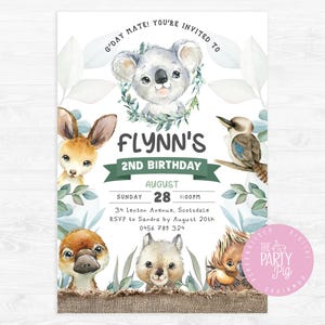 Australian animals Birthday Invitation, Animals Invite, Koala invitation, Aussie animals invitation, Wildlife invitation, Koala birthday