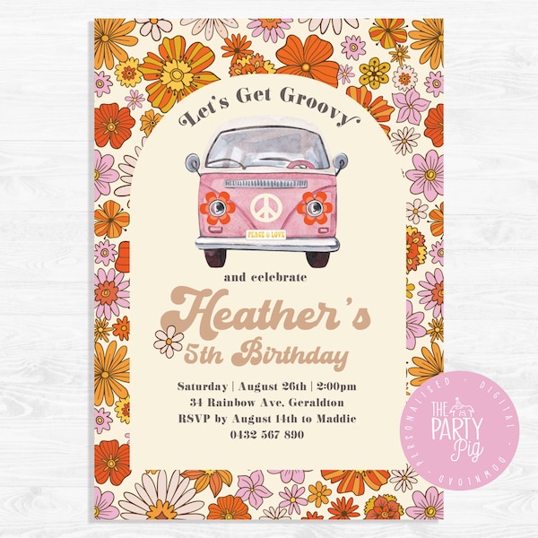 Groovy Hippie Peace & Love 60s Theme Birthday Invitation Retro Vintage Kombi Van Birthday Party Invite Custom Digital Download