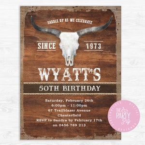 Country Western Cowboy Birthday Party Invitation Saddle Up Rodeo Birthday Digital Download Custom Invite Longhorn Bull Skull Invite Cowboy