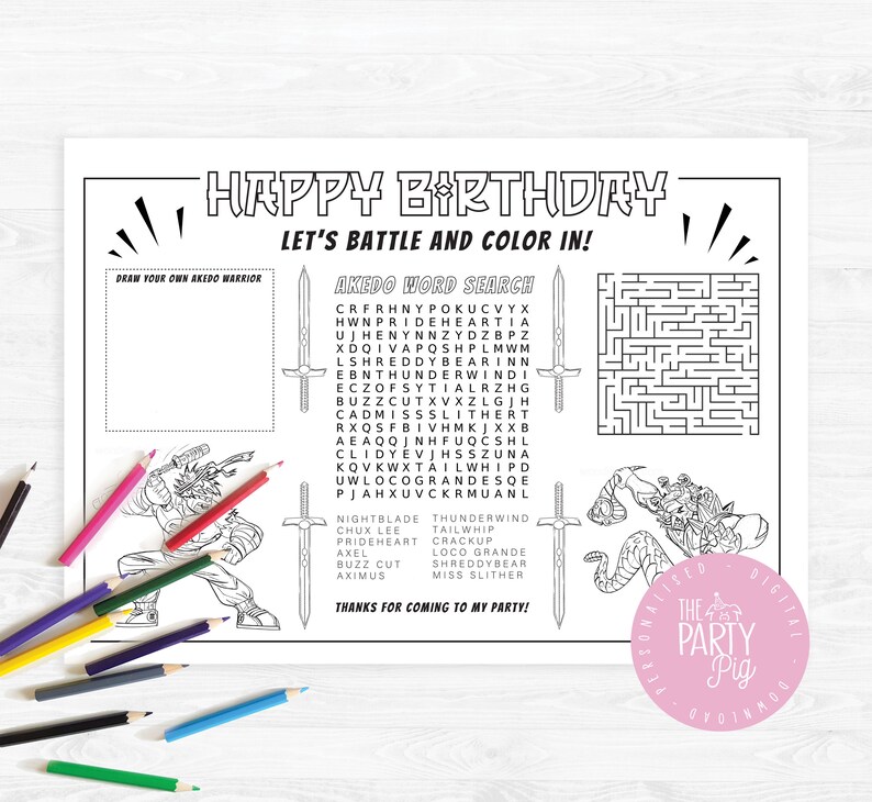 Akedo Birthday Party Coloring in Placemat DIY Party Printable Etsy