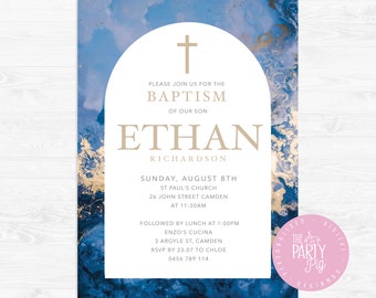 Elegant Boys Baptism Invitation with Marble Abstract Arch Design Digital Download Custom Invite