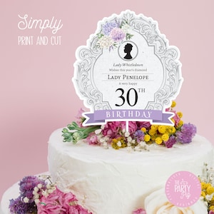 May include: A white cake with purple and yellow flowers on top. A white and gray cake topper with the text "Lady Whistledown Wishes this year's diamond Lady Penelope A very happy 30th Birthday" and a floral design.