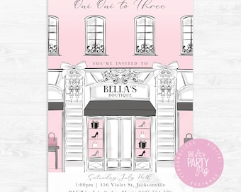 Könnte beinhalten: Eine rosa und weiße Einladung mit einer Schwarzweißillustration eines Pariser Ladengeschäfts mit dem Text "Oui Oui to Three" und "Bella's Boutique". Die Einladung enthält den Text "Saturday, July 16th", "1:00pm | 456 Violet St, Jacksonville", und "RSVP by July 2nd to Marie 0435 564 789".