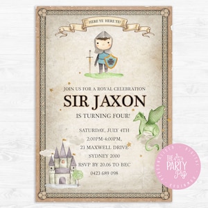 Medieval Knights and Dragons Birthday Invitation Digital Download Custom Invite