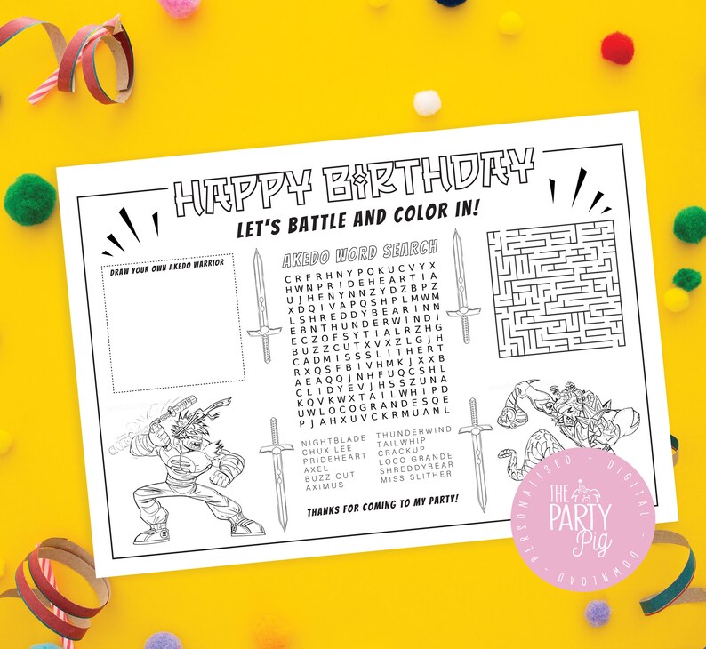 Akedo Birthday Party Coloring in Placemat DIY Party Printable - Etsy