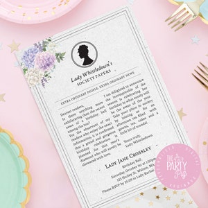 Puede incluir: Una invitaci&oacute;n de estilo vintage con el texto "Lady Whistledown's Society Papers" y detalles florales. La invitaci&oacute;n es para un baile de cumplea&ntilde;os, con detalles de fecha, hora y lugar. El dise&ntilde;o est&aacute; sobre un fondo claro.