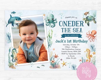 Oneder the Sea First birthday invitation with photo, under the sea theme  Invite Digital Download Ocean Party Under the Sea theme birthday