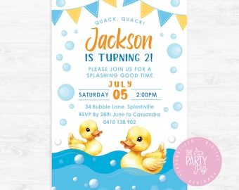 May include: A birthday invitation featuring a duck theme. The invitation includes the text "Quack, Quack! Jackson is turning 2!" with details for a July 5th party. The design incorporates blue and yellow bunting, bubbles, and illustrations of yellow ducks.