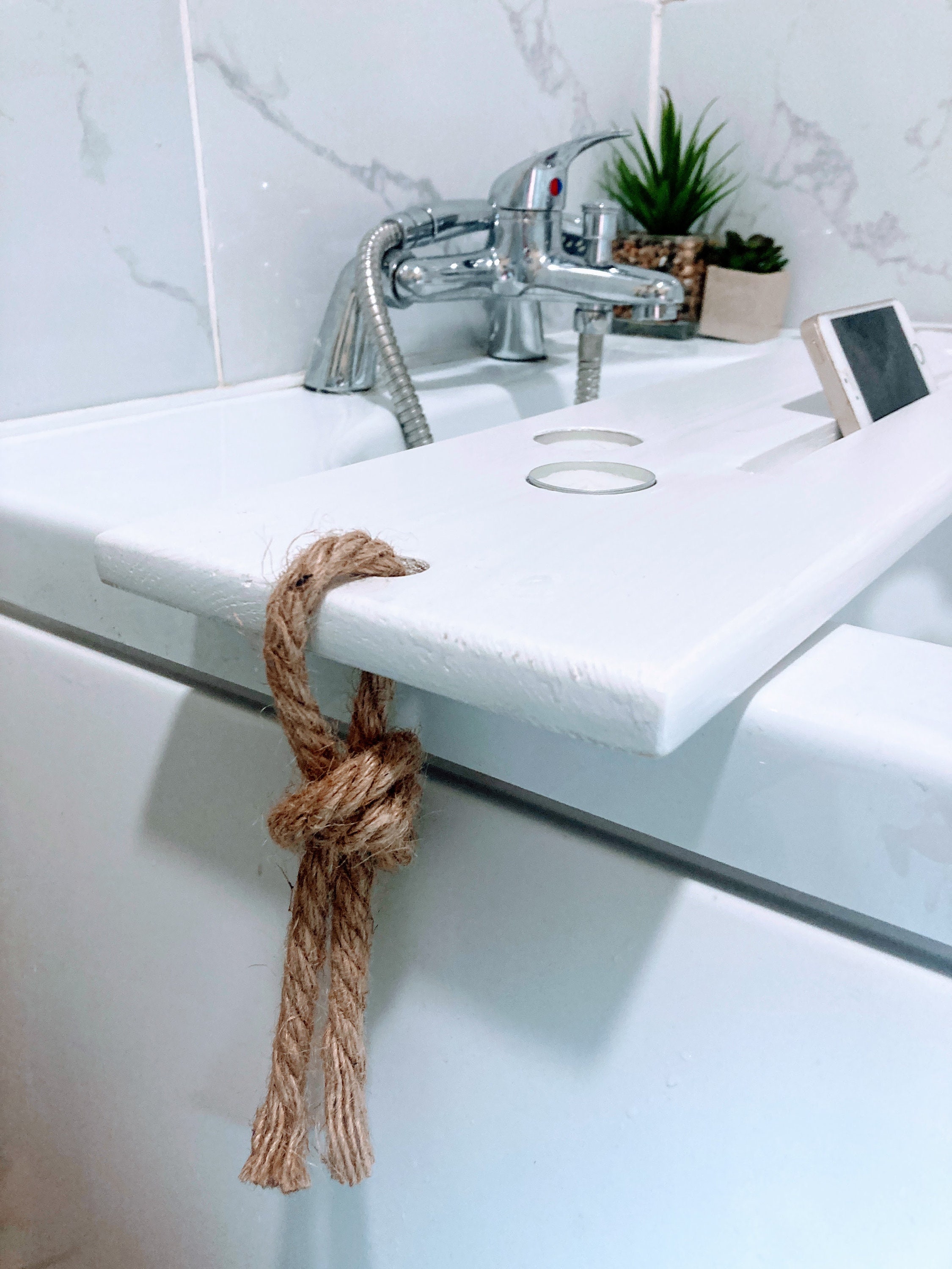 Beautiful Handmade white bath tray shelf caddywine glass tealights and