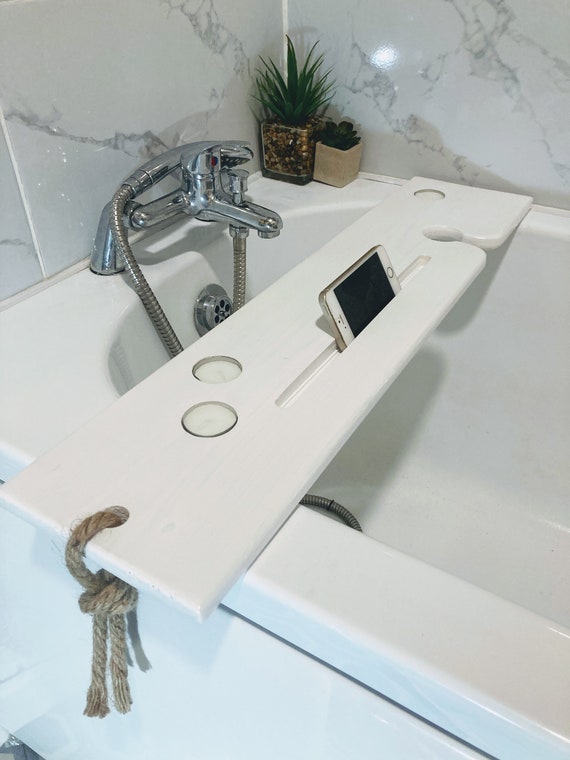 Beautiful Handmade white bath tray shelf caddywine glass tealights and