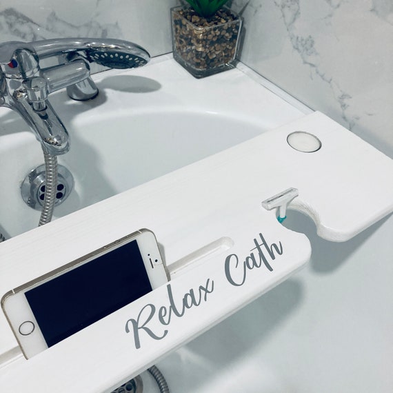 Beautiful Handmade white bath tray shelf caddywine glass tealights and