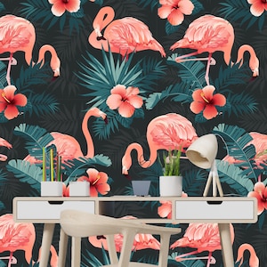 Pink Flamingo Removable Wallpaper Mural * Floral Peel & Stick or Pre-Pasted Wallpaper * TropicalSelf Adhesive * Easy to Apply!
