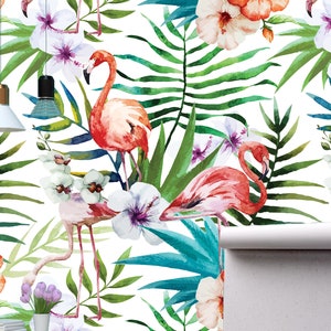 Flamingo Watercolor Removable Wallpaper Mural * Floral Peel & Stick or Pre-Pasted Wallpaper * Tropical Self Adhesive * Easy to Apply!