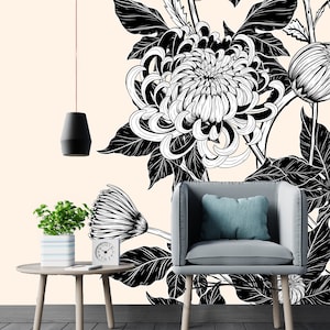 Chrysanthemum hand-drawing * Removable Wallpaper Mural * Floral Peel & Stick or Pre-Pasted Wallpaper * Self Adhesive * Easy to Apply!