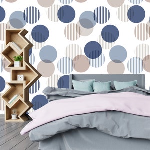 Geometric Removable Wallpaper Mural * Rounded Blue Peel & Stick or Pre-Pasted Wallpaper * Repositionable Self Adhesive * Easy to Apply!