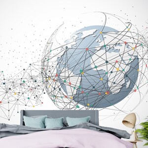Global Network Connection Papier peint amovible Mural * World Map Point Peel & Stick ou papier peint pré-collé * Auto-adhésif * Facile à appliquer!