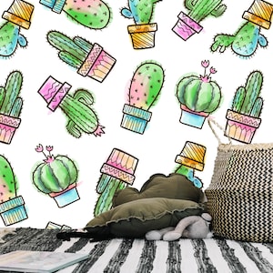 Cactus Watercolor Removable Wallpaper Mural * Floral Peel & Stick or Pre-Pasted Wallpaper * Nursery Self Adhesive * Easy to Apply!