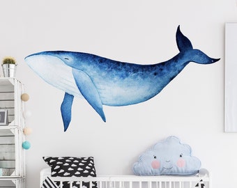 Décalcomanies amovibles pour bébés - Peel and Stick de la pépinière - Décalque de baleine bleue à l'aquarelle - Autocollants de mur pour enfants - Décalques de mur pour enfants