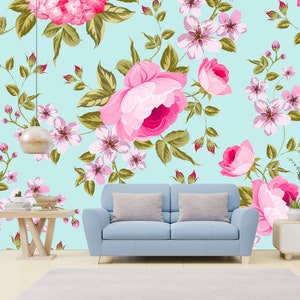 Pink Flowers * Removable Wallpaper Mural * Floral Peel & Stick or Pre-Pasted Wallpaper * Self Adhesive * Easy to Apply!