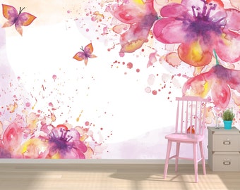 Watercolor Floral Removable Wallpaper Mural * Peel & Stick or Pre-Pasted Wallpaper * Repositionable Self Adhesive * Easy to Apply!
