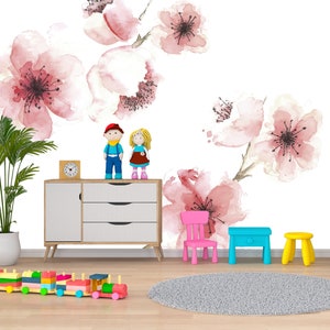 Watercolor Cherry Blossom Removable Wallpaper Mural * Floral Peel & Stick or Pre-Pasted Wallpaper * Repositionable Self Adhesive