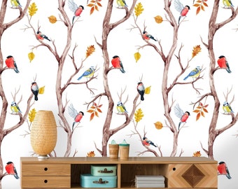 Birds Removable Wallpaper, Peal and Stick Floral Mural, Self Adhesive Watercolor Wallpaper