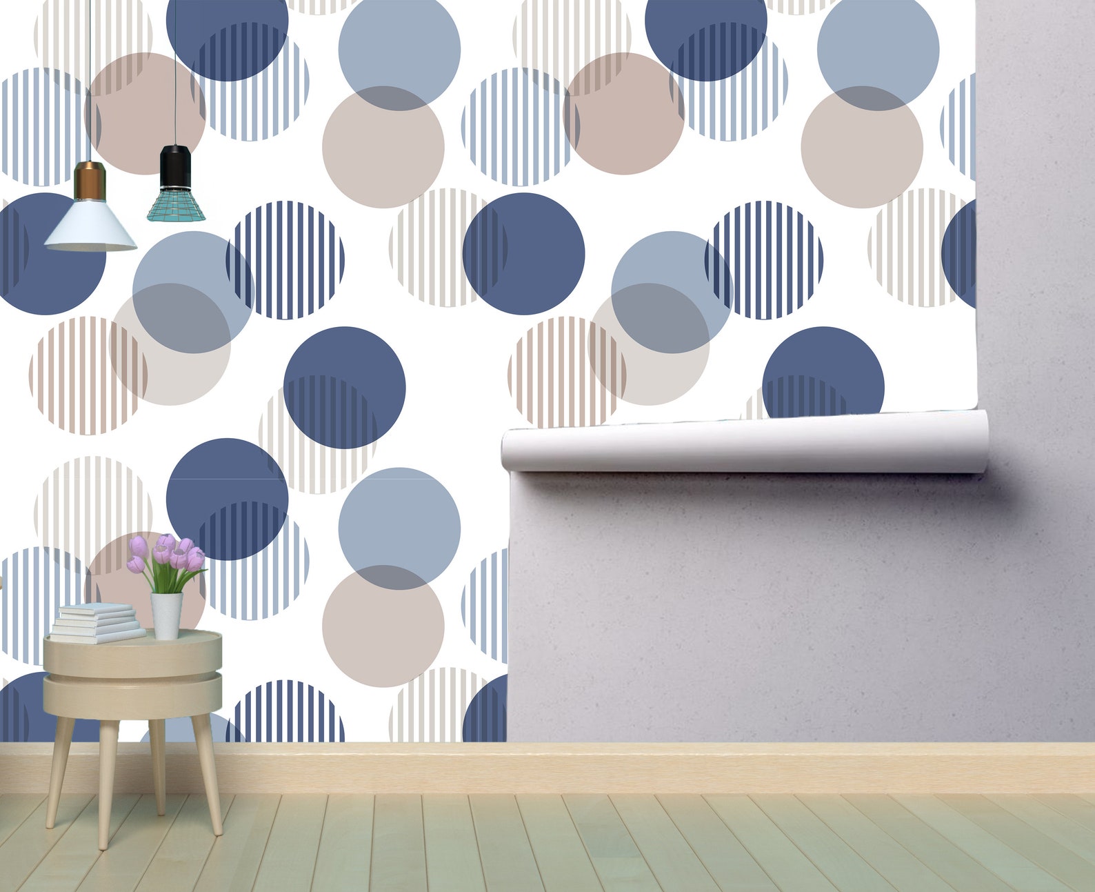 Geometric Removable Wallpaper Mural * Rounded Blue Peel & Stick or Pre ...